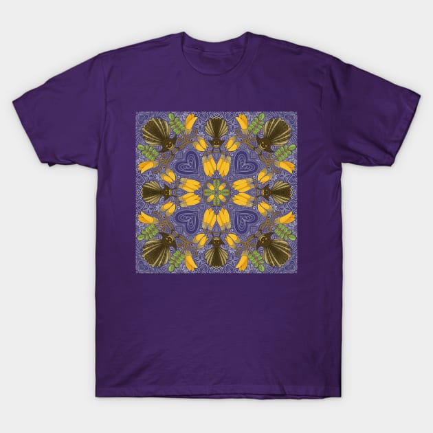Fantail & Kowhai - indigo T-Shirt by AprilAppleArt